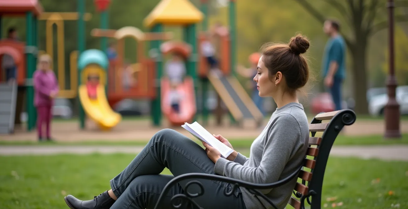 Parent sitting on bench while child plays at varying distances, showing the dynamic zoning approach