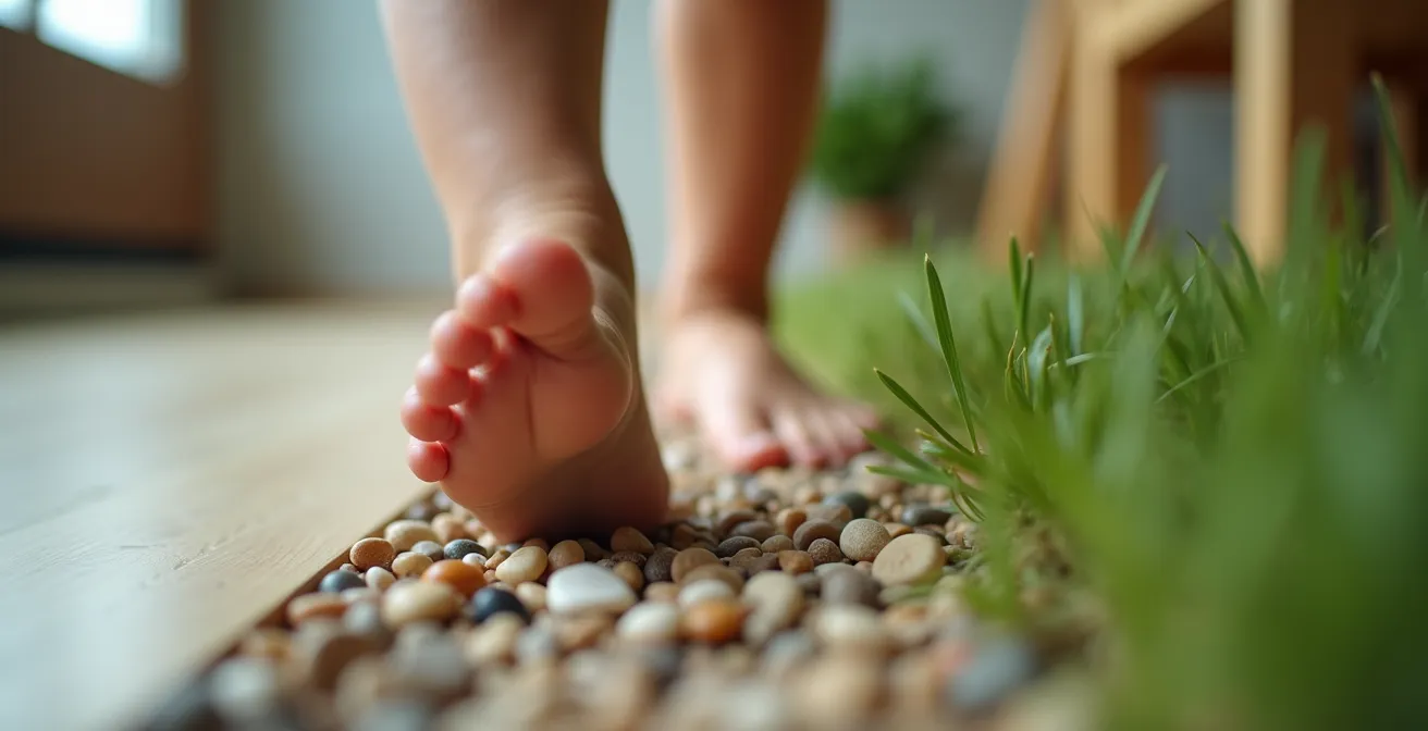 Close-up comparison of children's feet in minimalist versus conventional shoes showing the difference in toe splay.