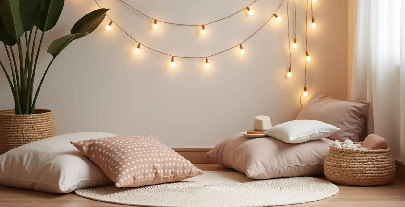 Child's calm down corner with soft cushions, sensory toys and warm lighting