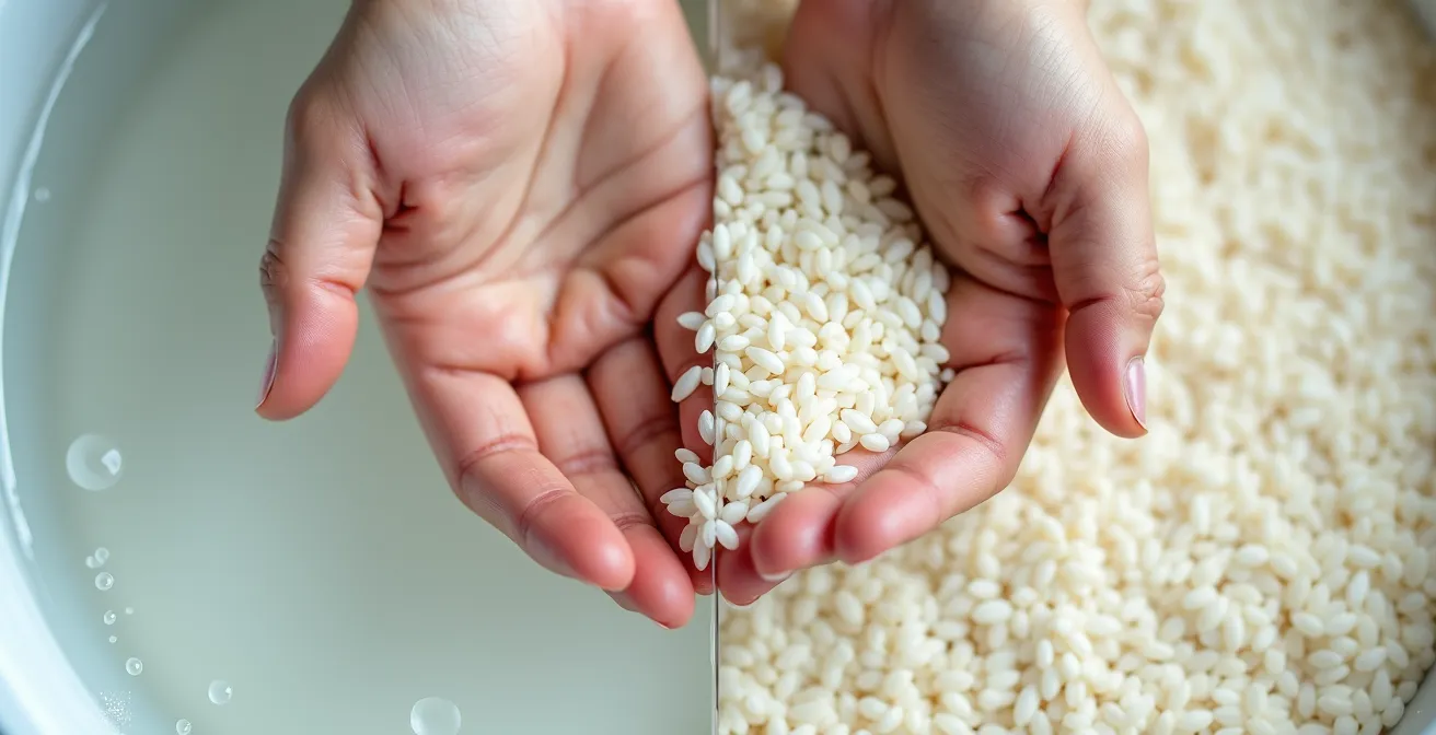 Split view of child's hands in a water bin and a rice bin showing different textures