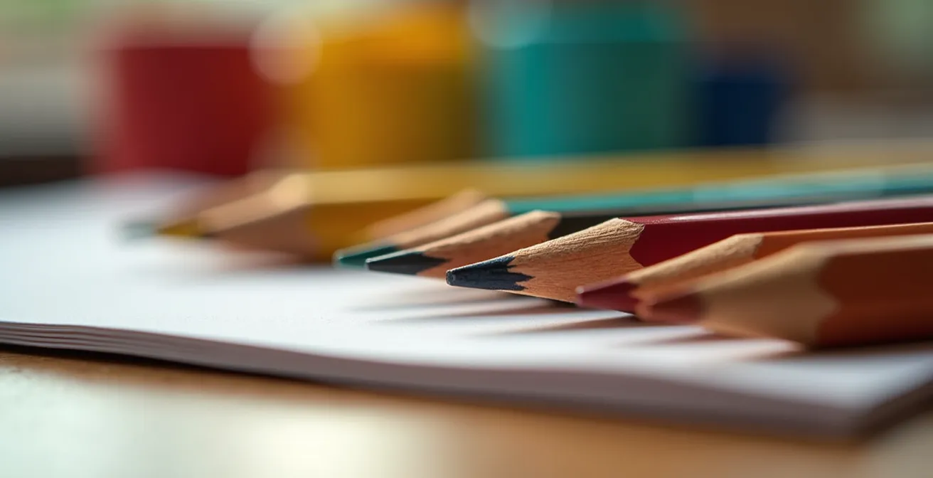 An extreme close-up of organized study supplies, showing the texture of wooden pencils and paper, suggesting a well-designed workspace.