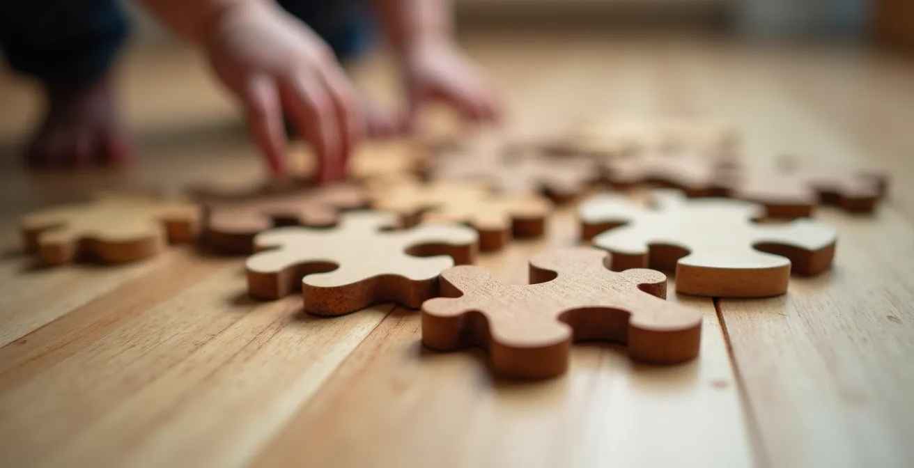 Close-up of wooden puzzle pieces scattered showing signs of misuse