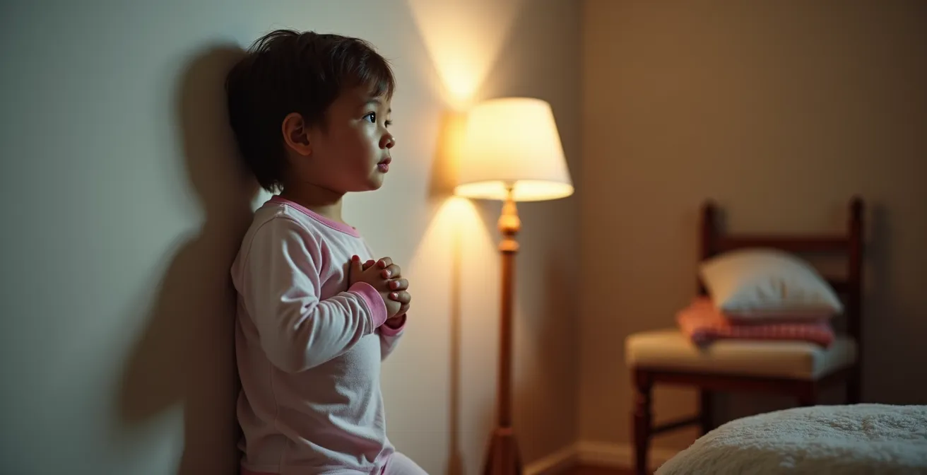 Child performing wall push-ups as calming proprioceptive exercise before bed