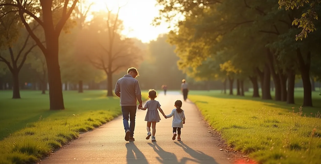 A wide shot of a park path showing the progression of childhood independence, with a younger child holding a hand, a middle child walking ahead, and an older child exploring further.