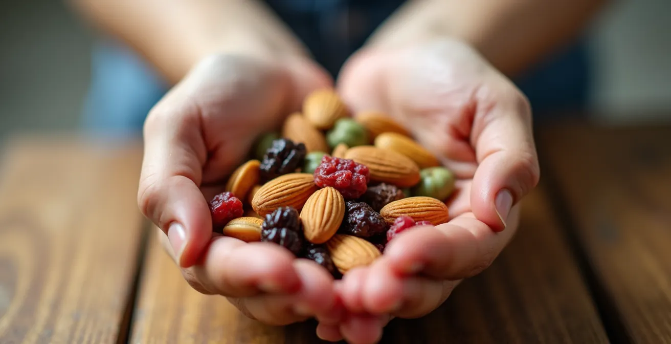 Child's hands demonstrating portion sizes with colorful foods