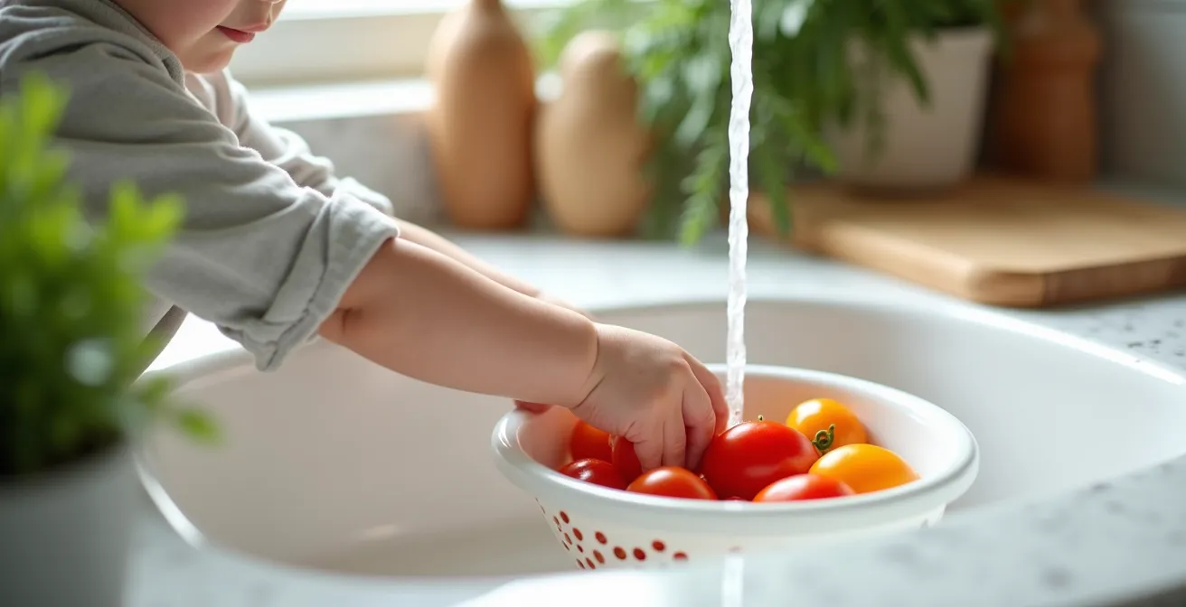 Close-up of small child hands washing colorful vegetables in kitchen sink