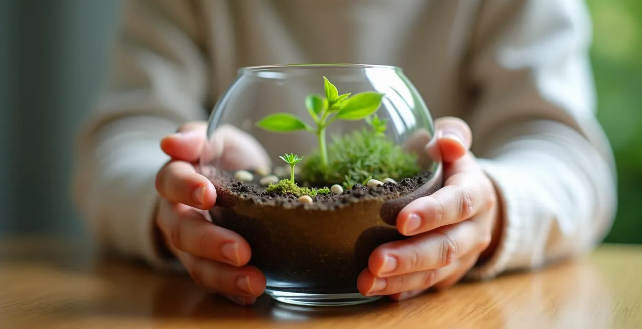 Visual metaphor showing freedom within safe boundaries, represented by a child tending to a miniature garden inside a glass terrarium.