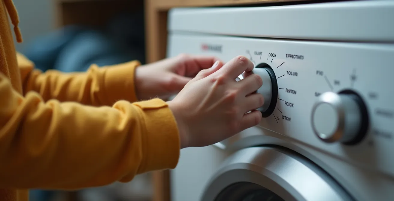 Child confidently operating washing machine independently