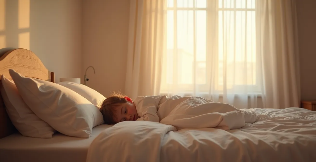 Peaceful sleeping child in soft morning light suggesting restorative growth period
