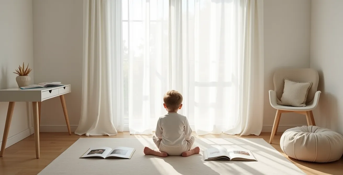 Child having quiet time with books in bright afternoon bedroom
