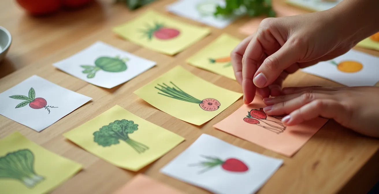 Close-up of child's hands arranging colorful vegetable cards on a meal planning board