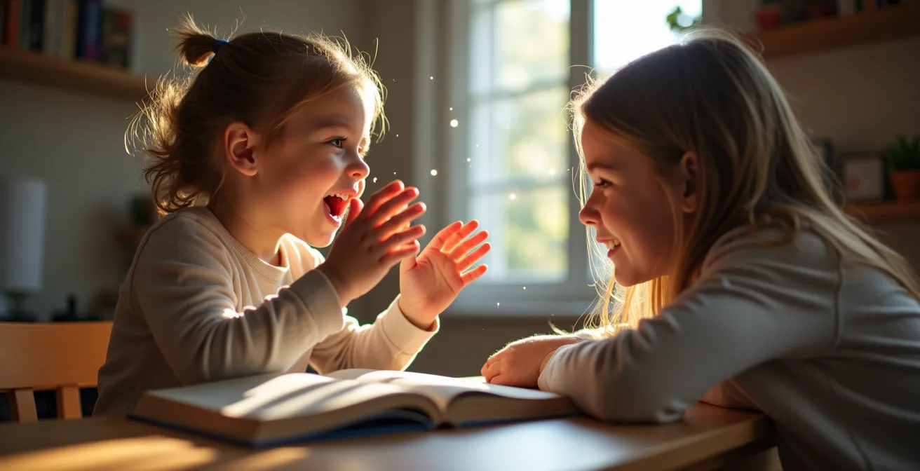 Child speaking enthusiastically with expressive hand gestures while adult listens attentively without interrupting