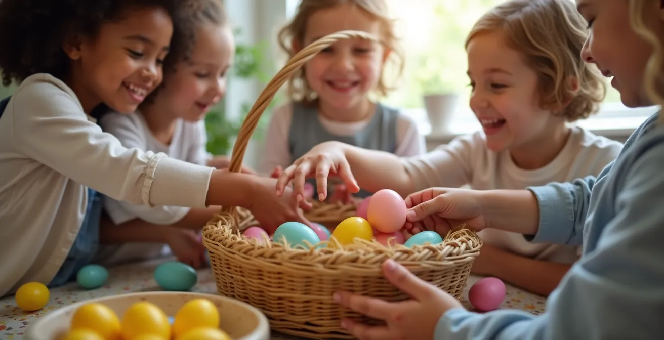 Children of different ages gathered around a communal basket of colorful eggs