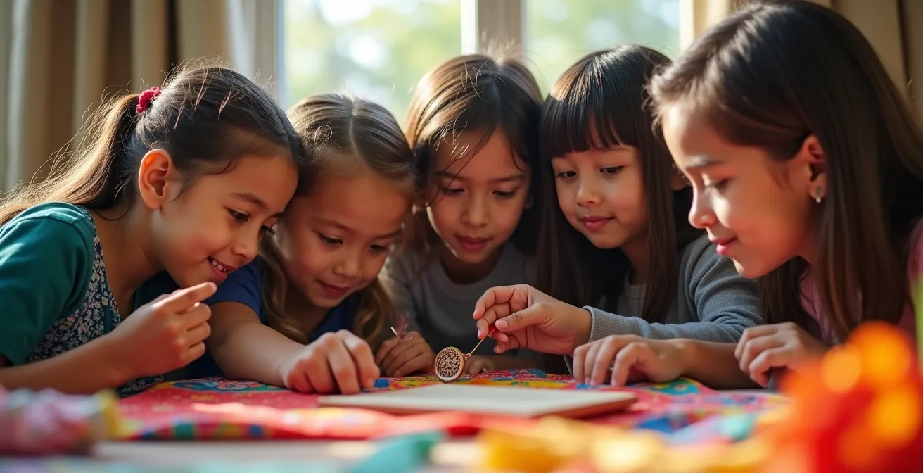 Diverse children examining cultural festival artifacts and learning materials with genuine curiosity