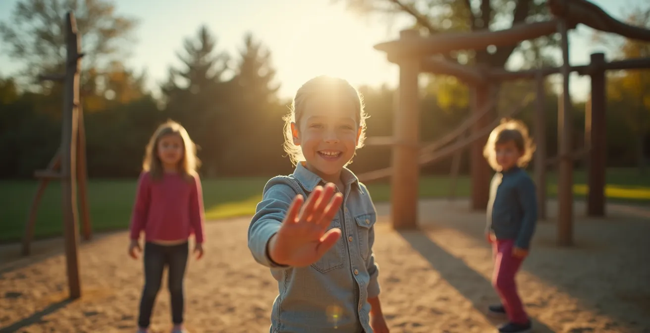 Children in a playground setting, viewed from a distance, illustrating the concept of personal space and social boundaries in an open environment.