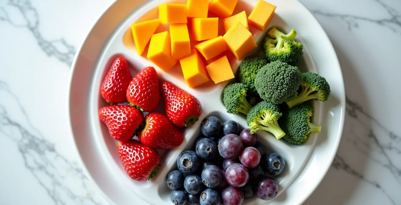 A child's plate arranged with a vibrant rainbow of immune-boosting foods like strawberries, sweet potatoes, mango, broccoli, and blueberries.