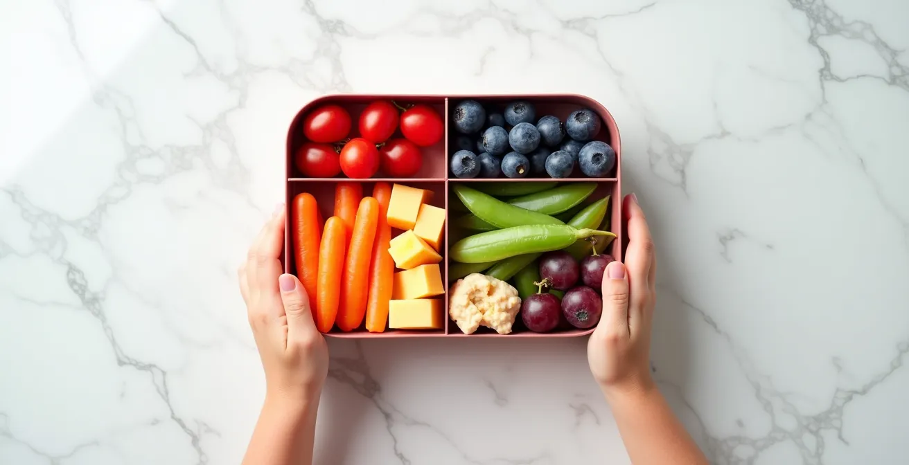 Open lunch box showing a colorful variety of foods arranged like a rainbow