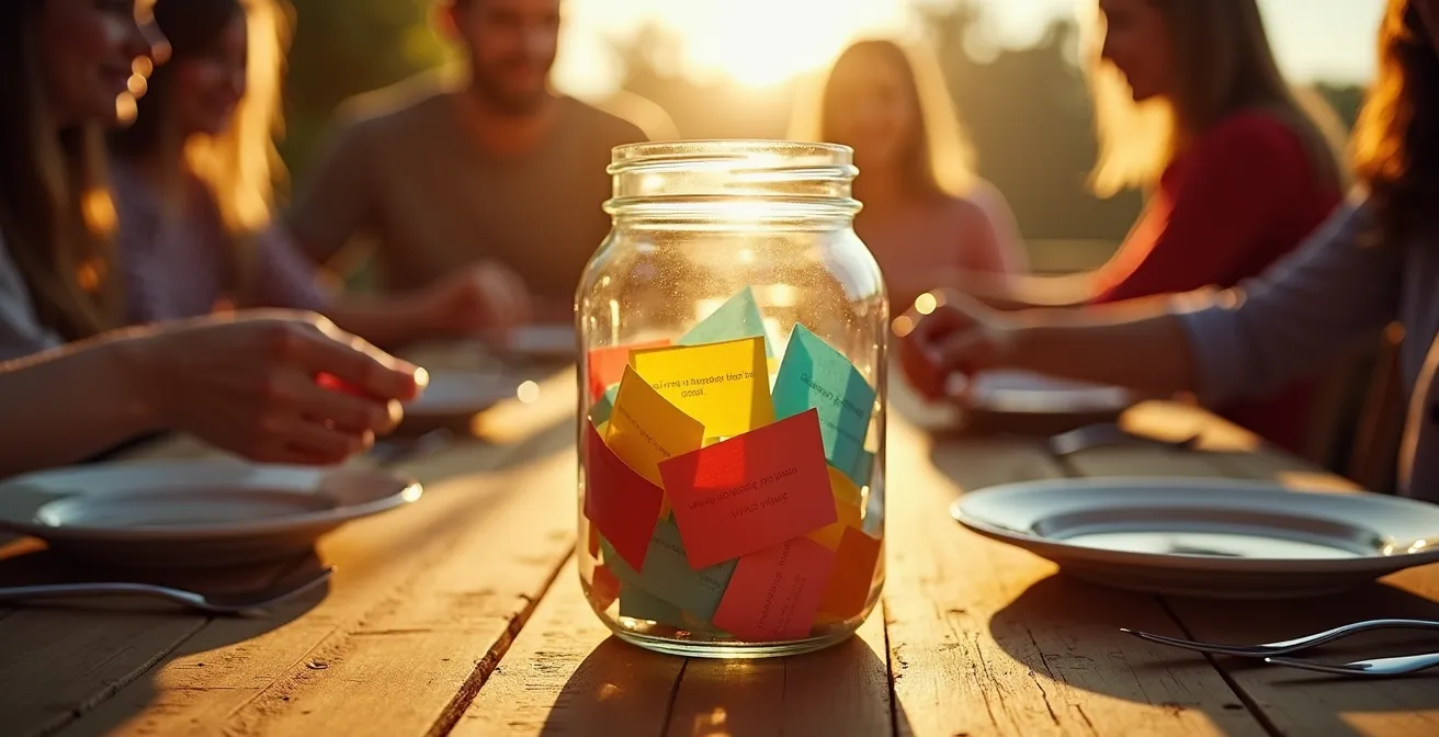 A family conversation jar filled with colorful paper prompts sits on a rustic wooden dinner table, symbolizing structured and fun communication.