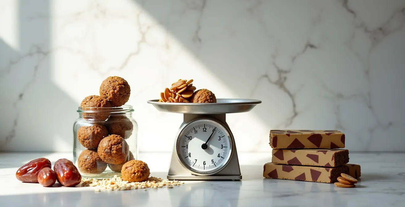 Split composition showing homemade energy balls on one side and packaged bars on the other with ingredients visible