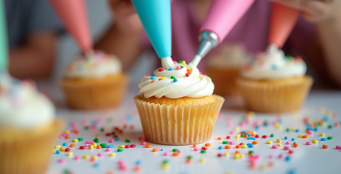 Children's hands decorating cupcakes at an organized station with colorful toppings