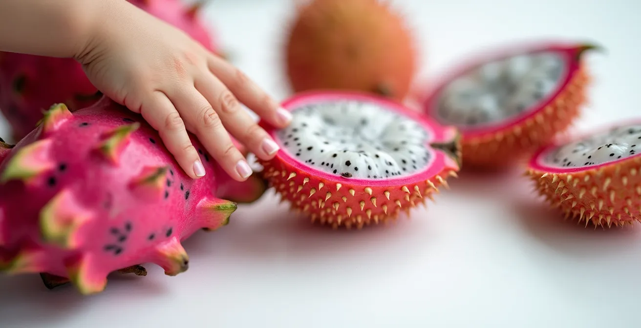 A child's hands gently touching the vibrant pink scales of a dragon fruit, with other exotic fruits cut open nearby, showcasing their textures.