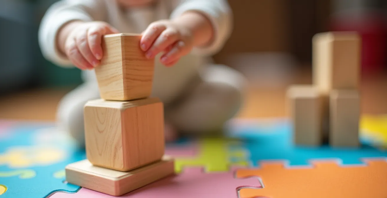 A young child building with wooden blocks, demonstrating early engineering principles.