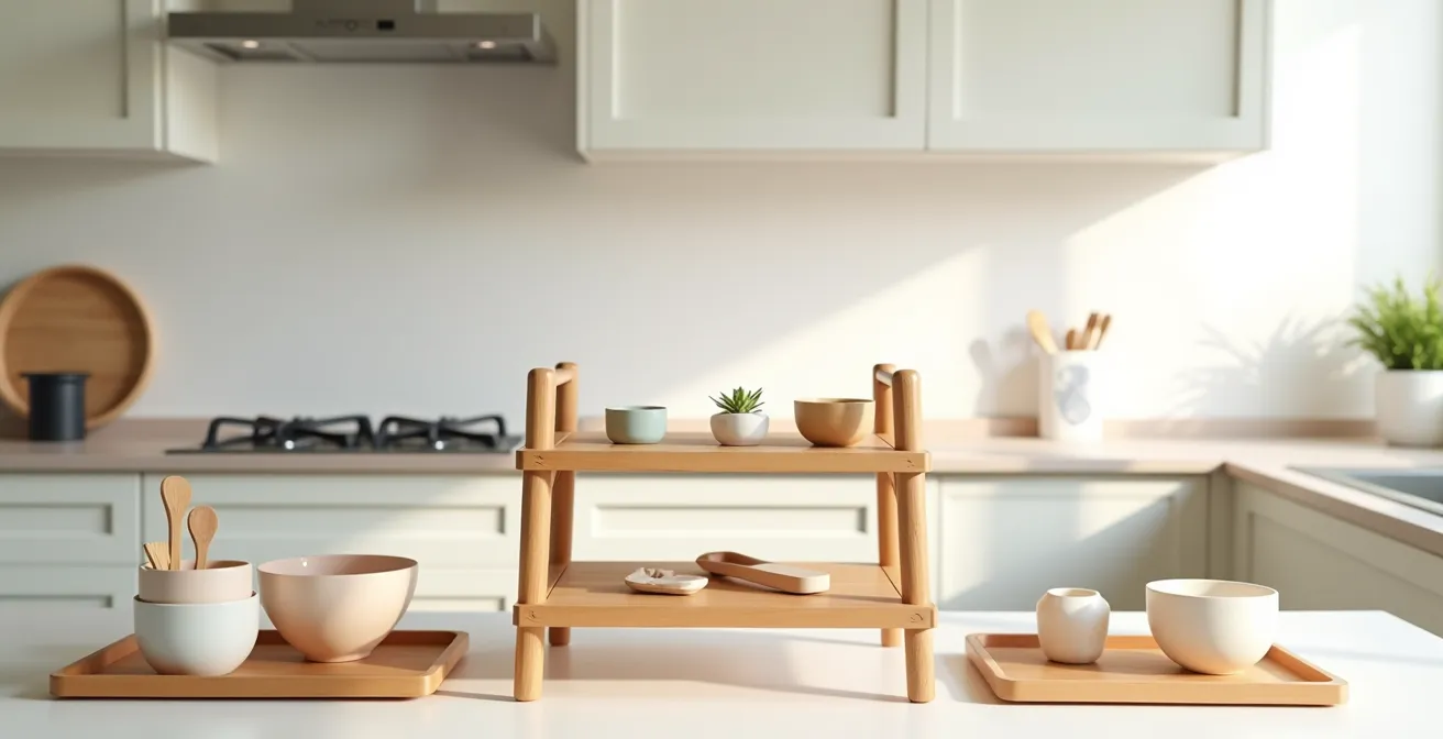 Wide shot of a properly set up kitchen helper station showing a toddler tower with safety features and organized child-friendly tools