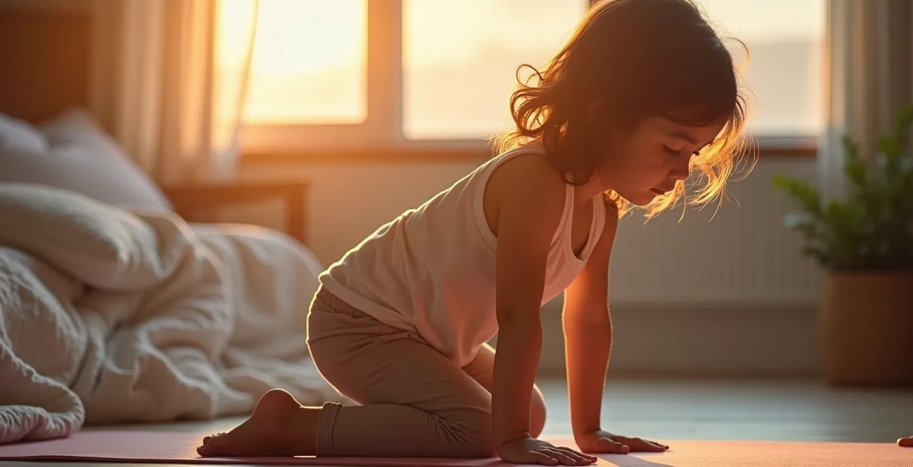 Child practicing gentle yoga stretches in soft evening light