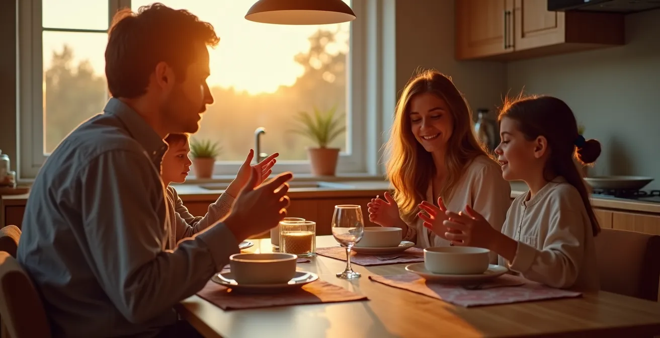 A family gathered around a kitchen table during an evening ritual, sharing their daily roses and thorns