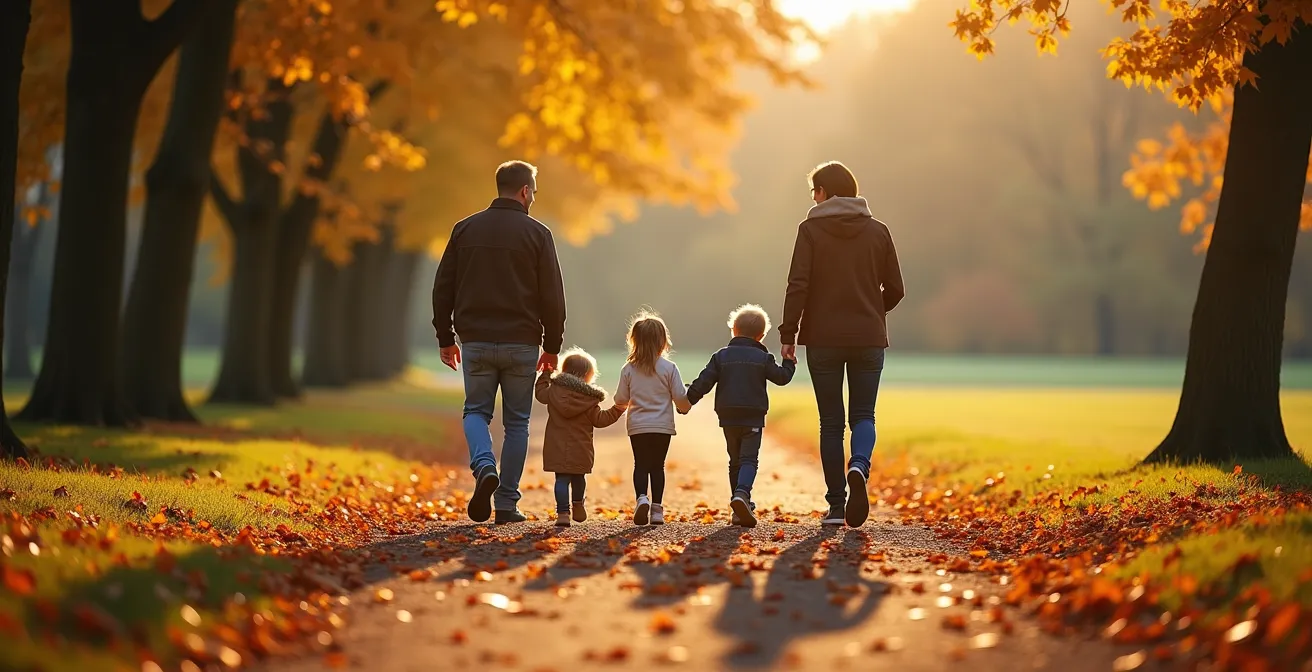 A family enjoys a walk in a park during autumn, with golden sunlight and colorful fallen leaves, symbolizing preparation for winter.