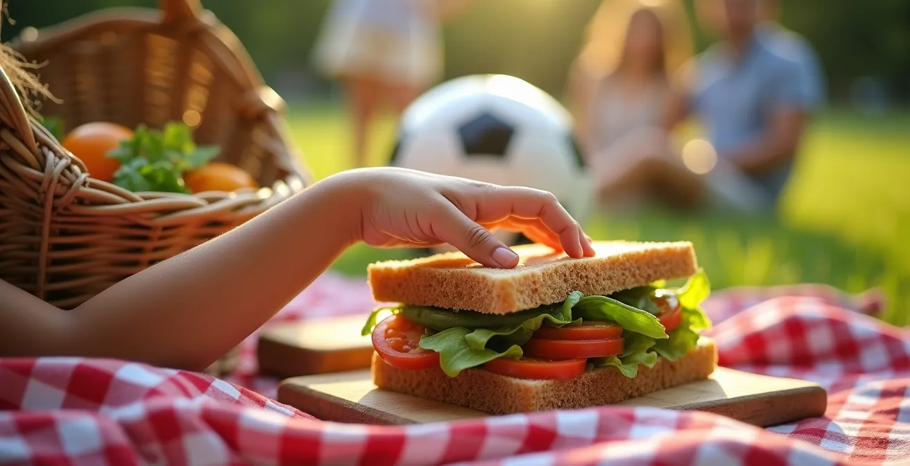Family enjoying budget-friendly picnic in park with sports equipment nearby