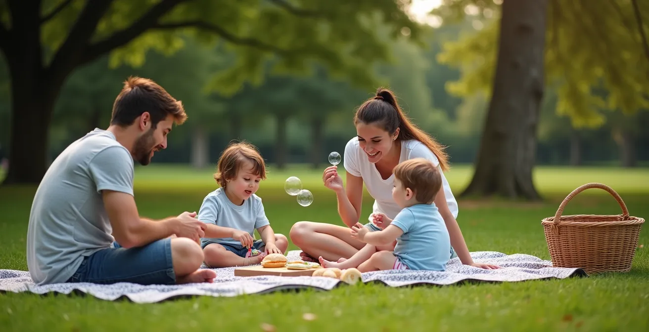 A family enjoying a budget-friendly picnic in a park, with the teen helping the toddler blow bubbles while the parents prepare food.