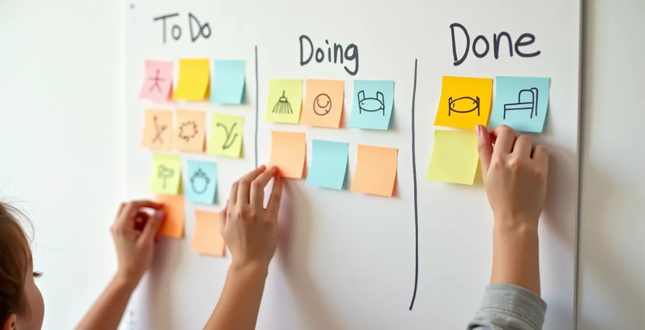 Family chore board with colorful post-it notes showing task progress