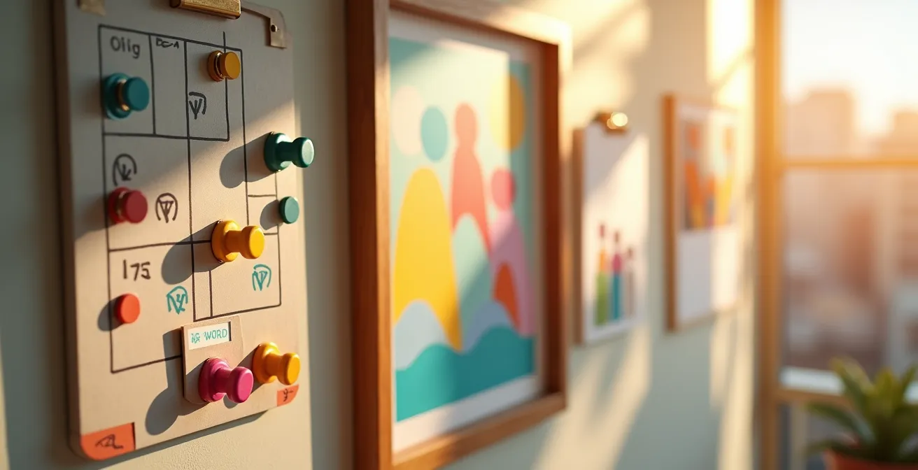 Three-zone family command center showing launch pad, kitchen board, and main calendar areas