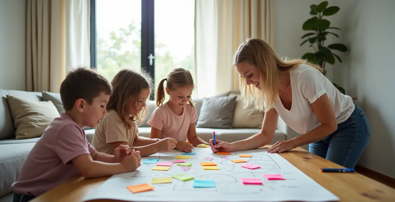 Family creating a visual goal tracking system together at home