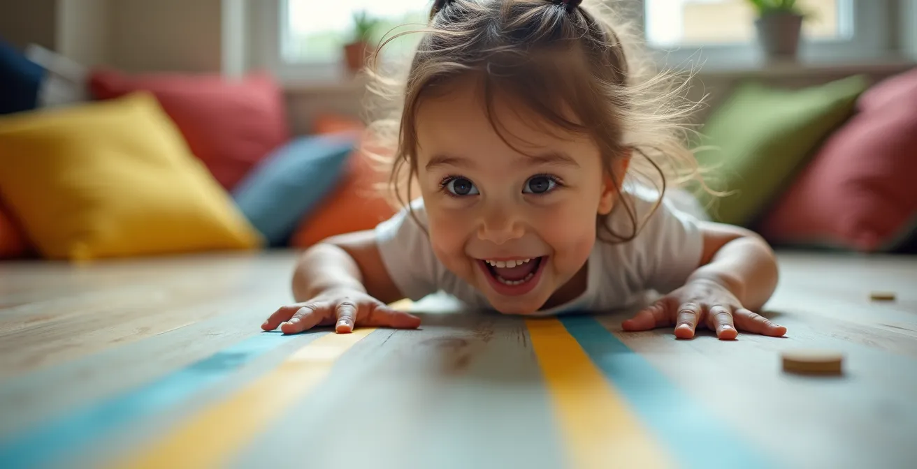 Living room transformed into colorful obstacle course with cushions, tape lines, and safe climbing elements