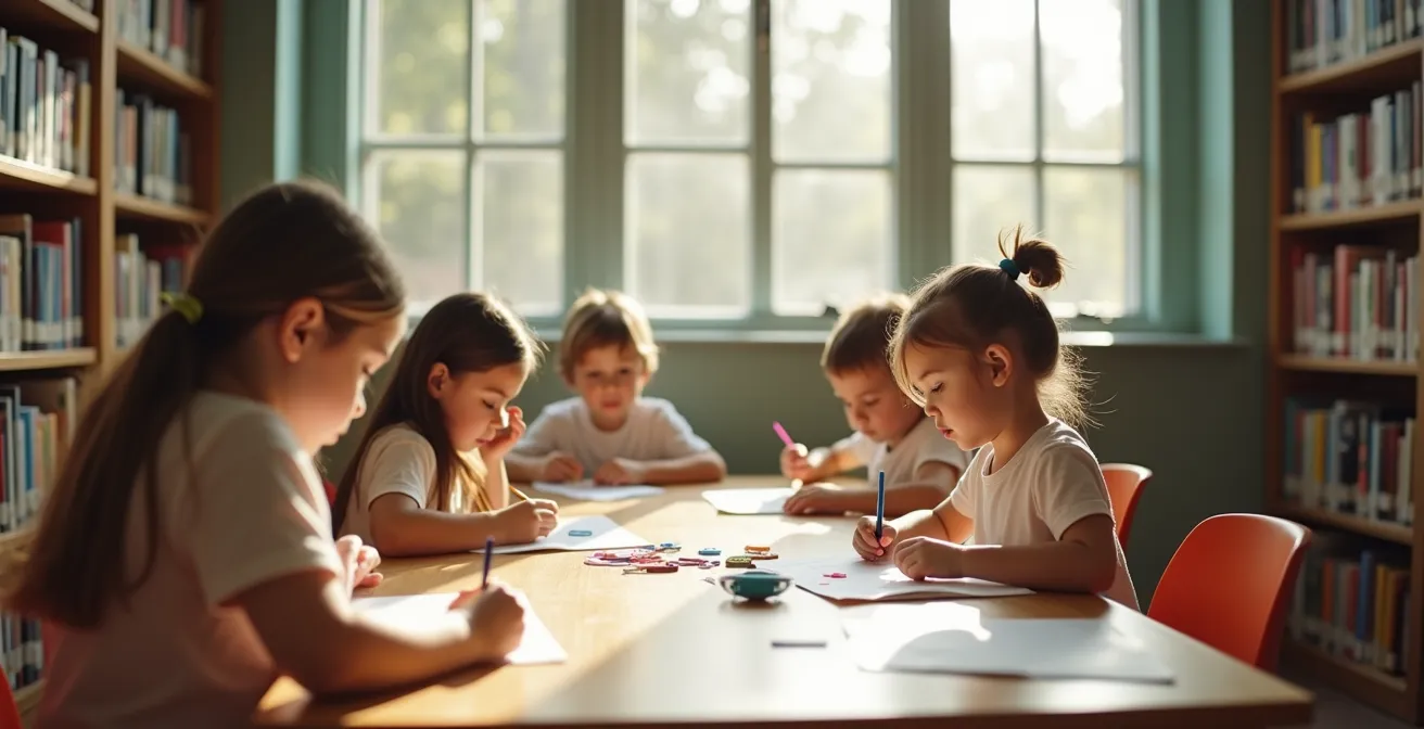 A small group of children engaged in a quiet, collaborative activity in a serene library setting.