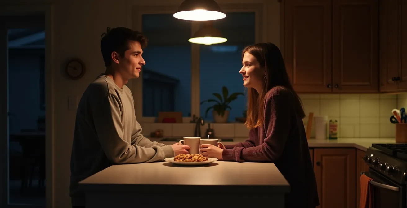 A parent and teenager share a quiet, intimate moment over a late-night snack in a warmly lit kitchen.