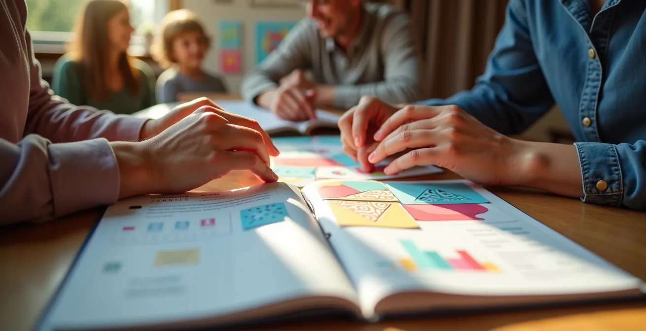 Parent and child examining colorful museum passes spread on a table with a calendar