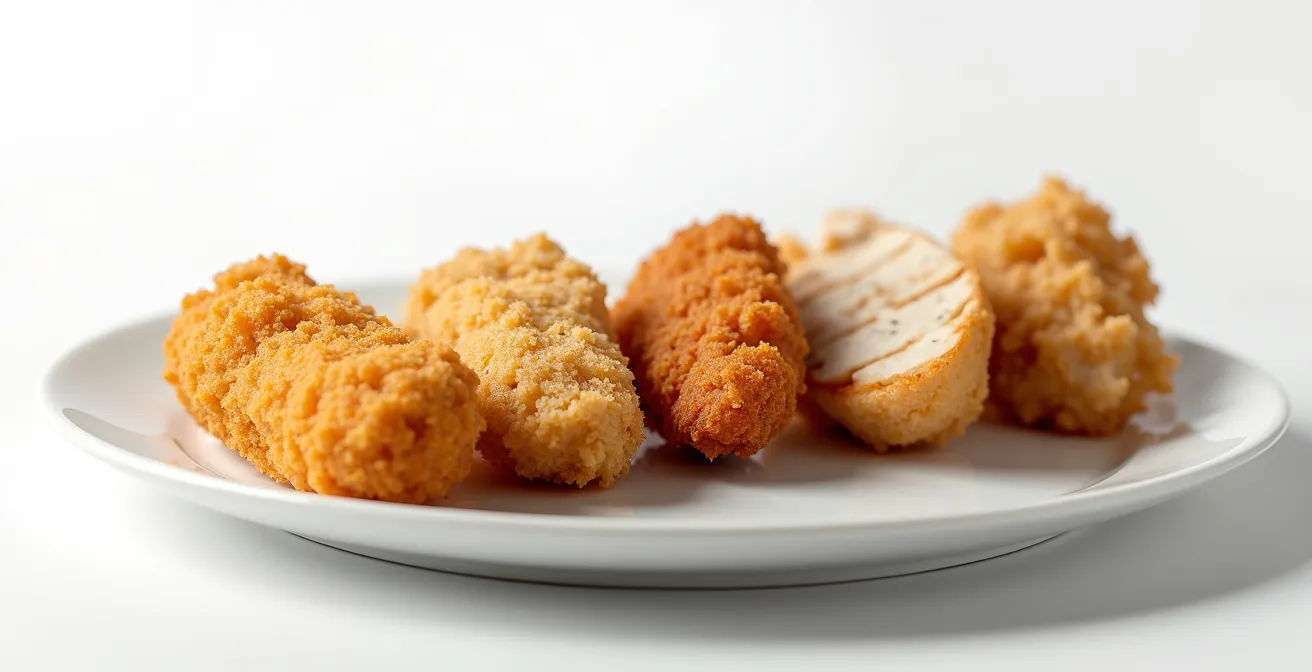 Extreme close-up of chicken pieces showing gradual texture transformation from breaded to plain
