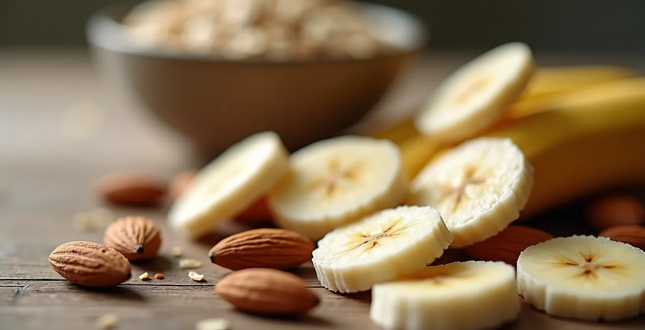 Healthy evening snack with almonds and bananas on wooden table