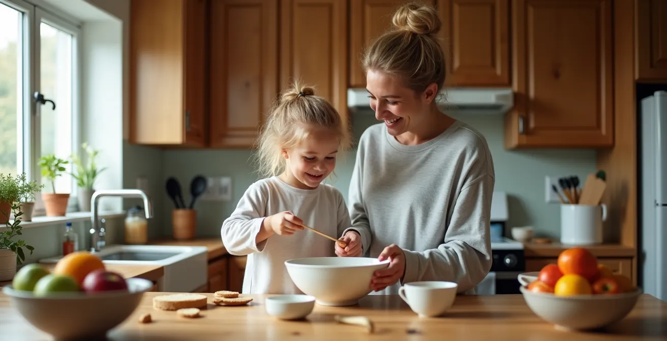 Parent and child cooking breakfast together in a sunlit kitchen