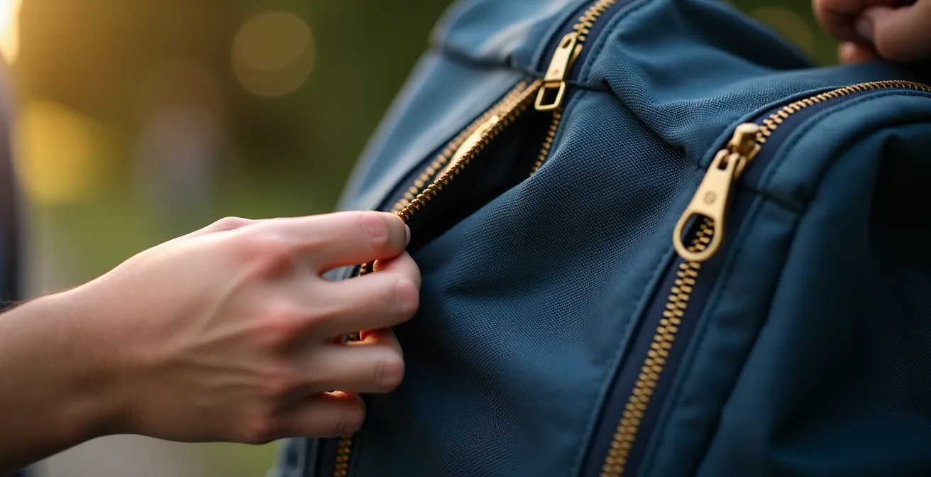 Close-up of child's hands zipping backpack during morning routine preparation