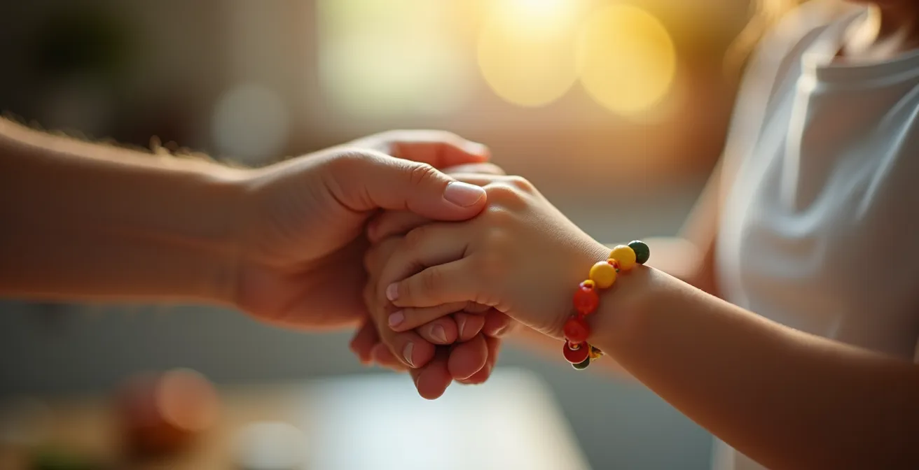 Close-up of a parent's and a child's hands performing an elaborate secret handshake.