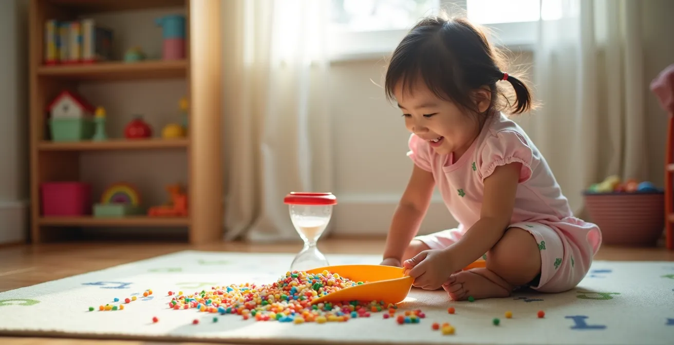 Child using a small dustpan to clean up rice from a sensory play area