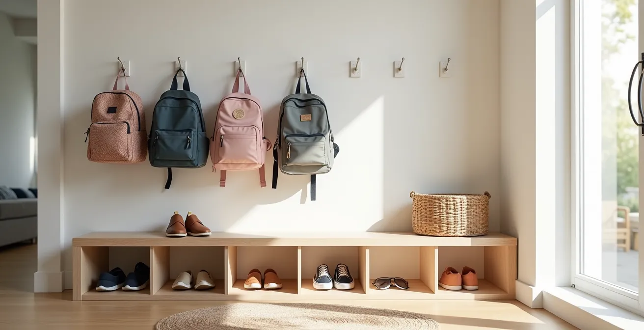 Organized entryway with backpacks and shoes ready for morning