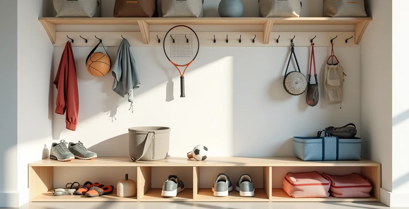 Well-organized mudroom with labeled sports equipment storage cubbies and gear hooks