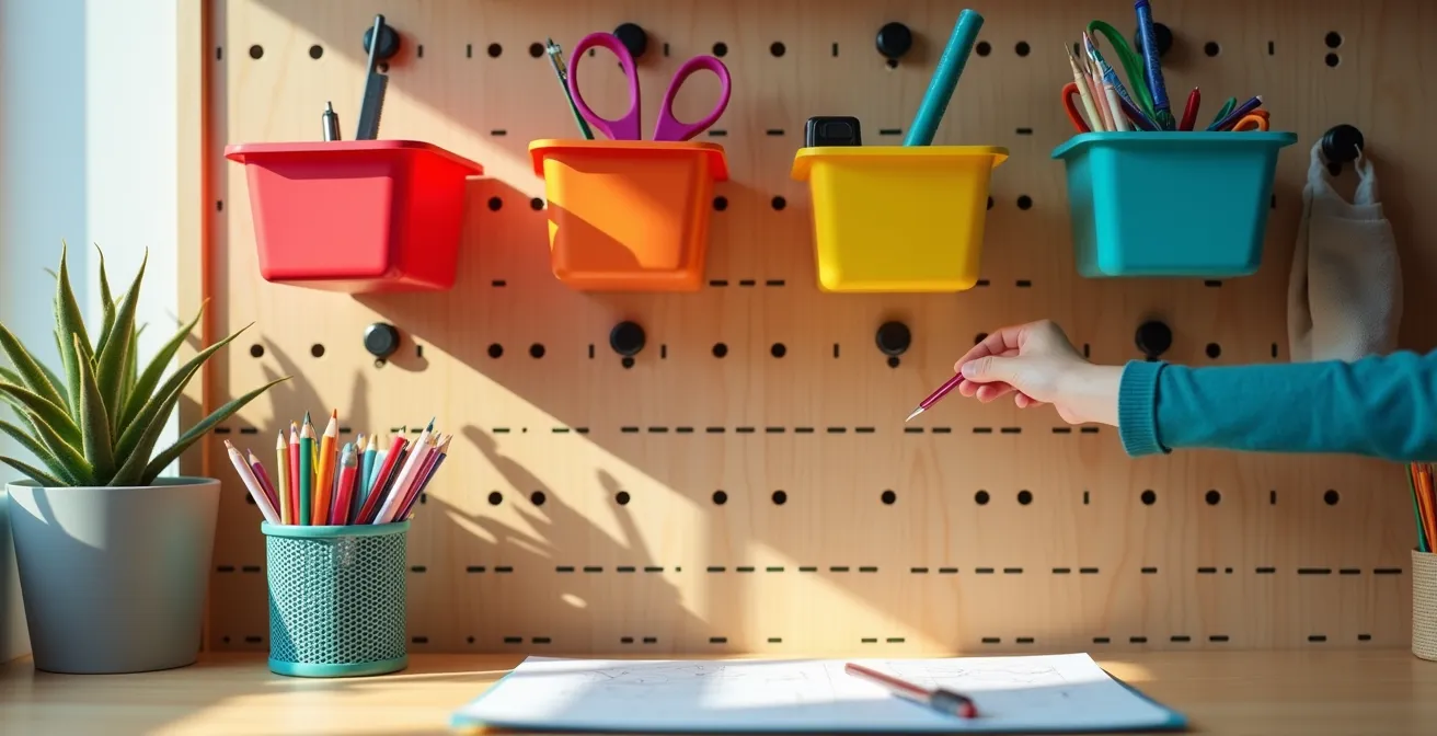 Close-up of a well-organized pegboard system above a clean desk with tools and supplies neatly arranged