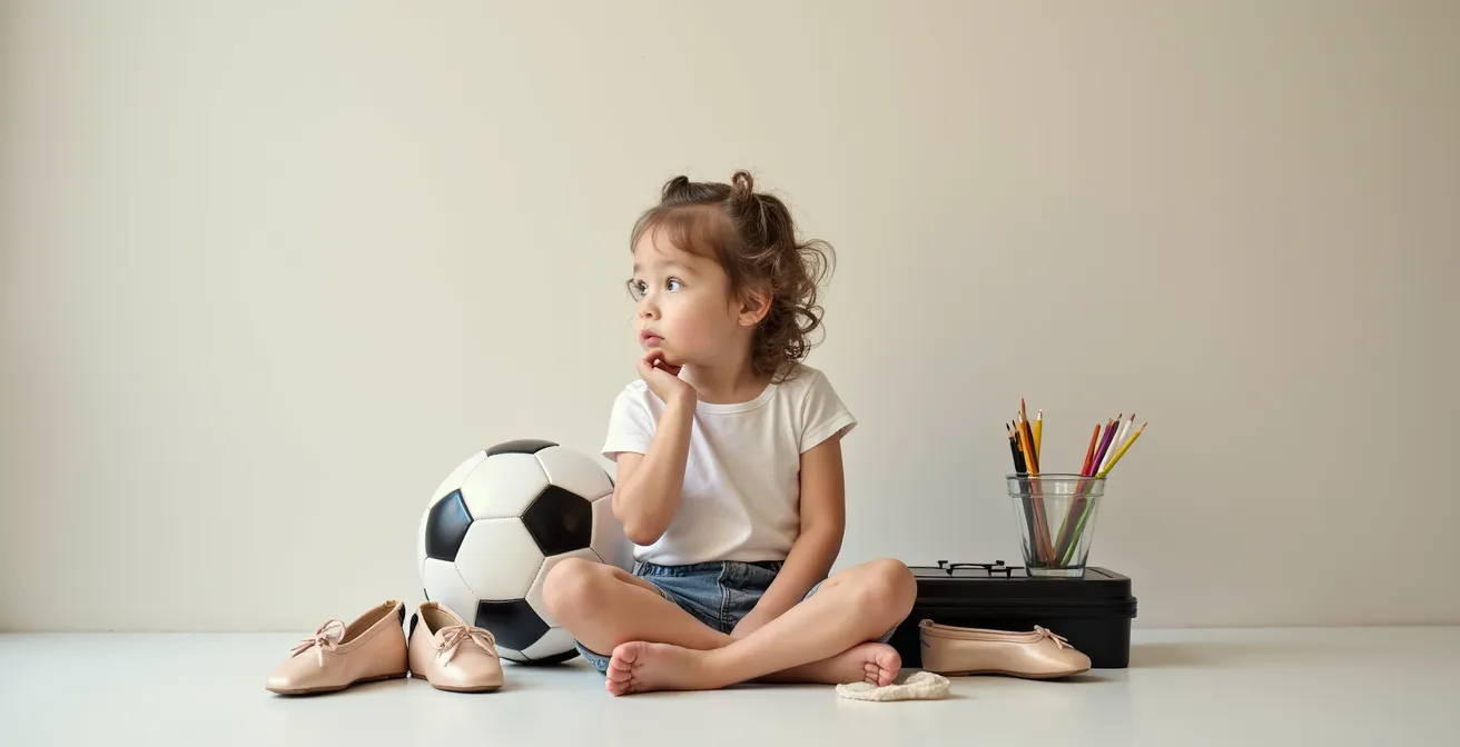 A tired child sits pensively on the floor, surrounded by a circle of various sports and activity equipment.