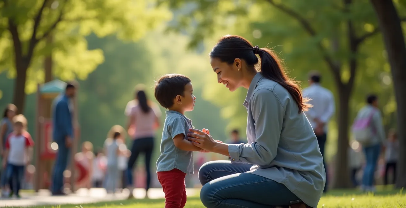 Parent kneeling at child's eye level in a park setting having a calm teaching moment